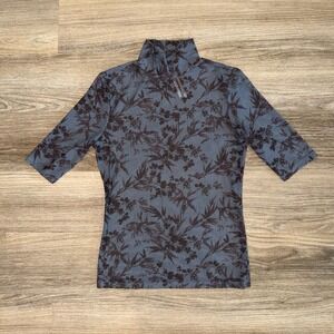 Anthropologie Deep Teal Floral Mesh Top Sheer Mock Neck Fitted XS